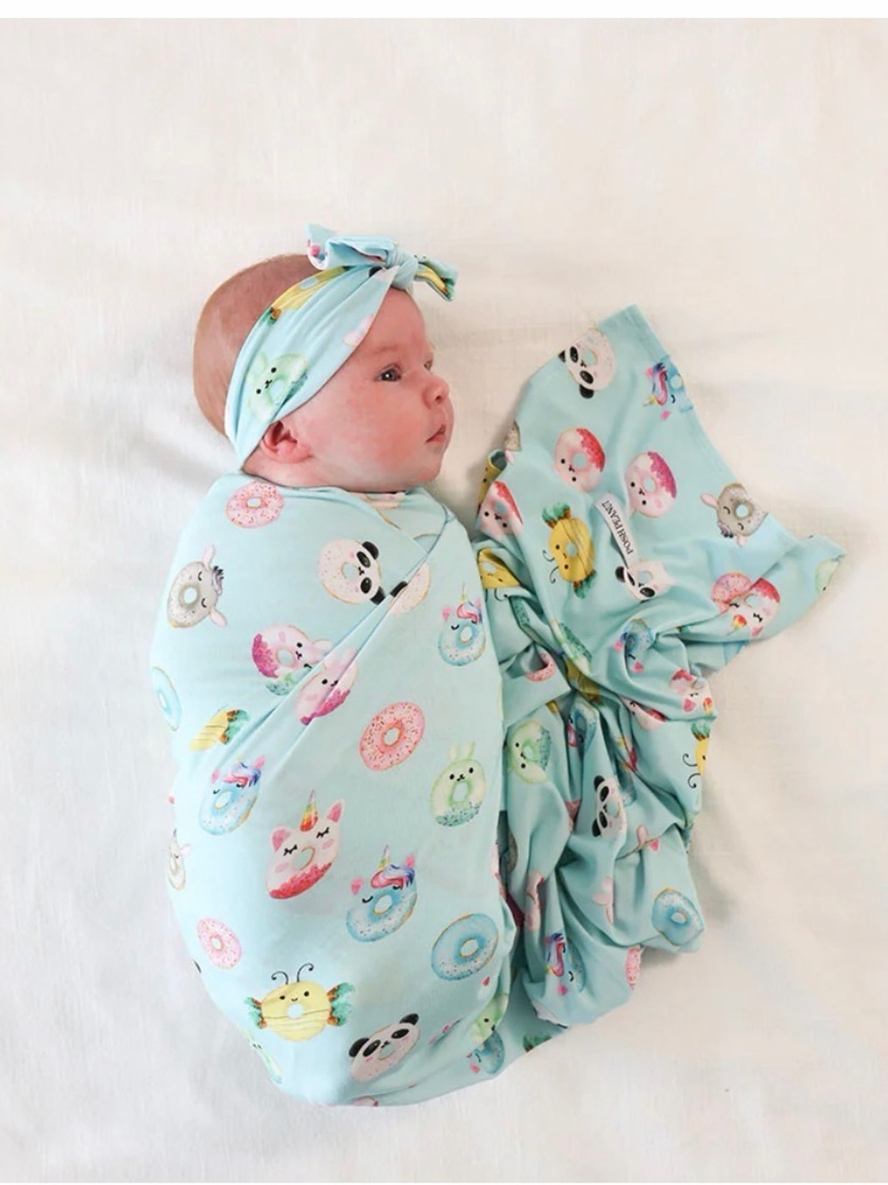 Posh Peanut Light Blue Donut & Animal Swaddle + Headwrap Set